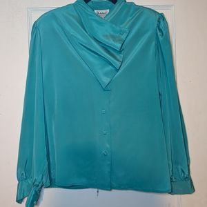 Vintage Women's Teal Ruffle Lapel Blouse
